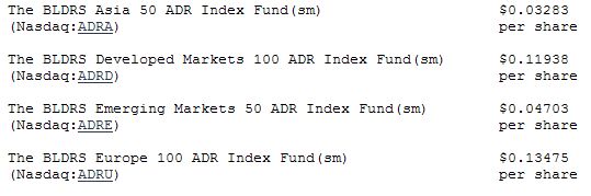  NASDAQ's BLDRS Index Funds Trust Declares the Amount of Distributions